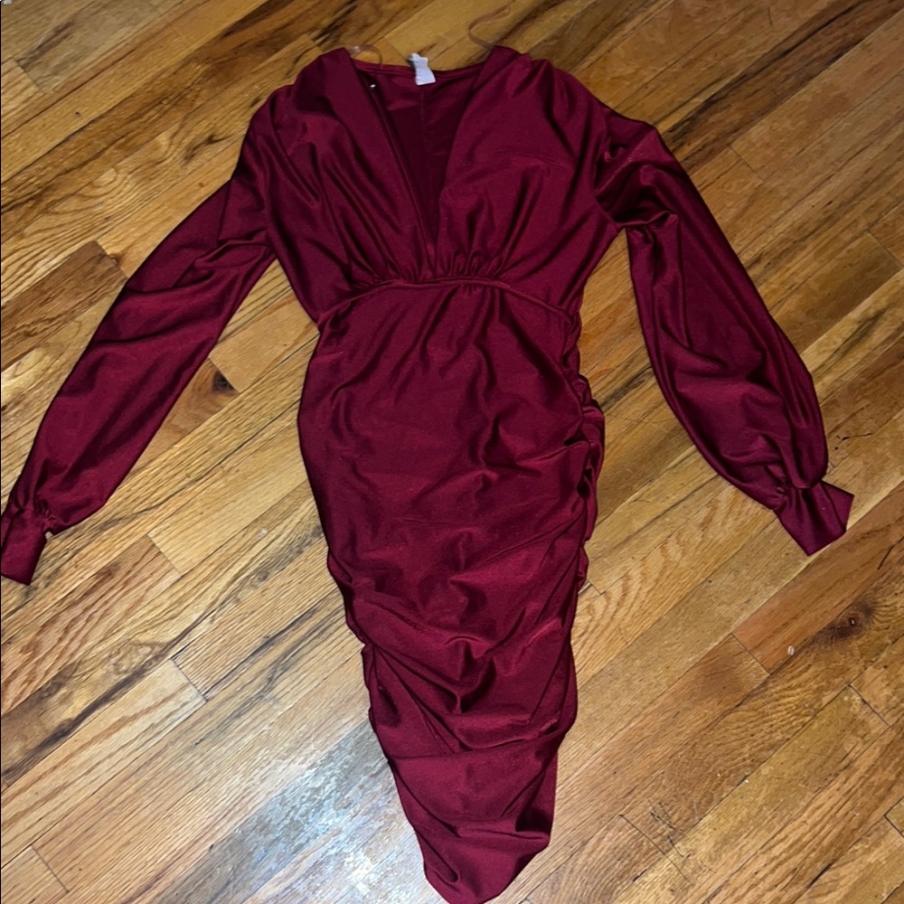 Plunge V Neck Burgundy Long Sleeve Dress Cinch Bodycon Bell Sleeve